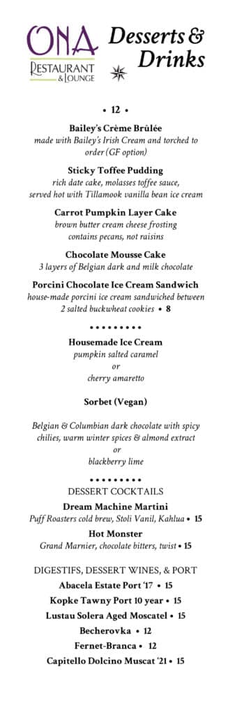 Sample dessert menu from Ona Restaurant, Yachats, OR