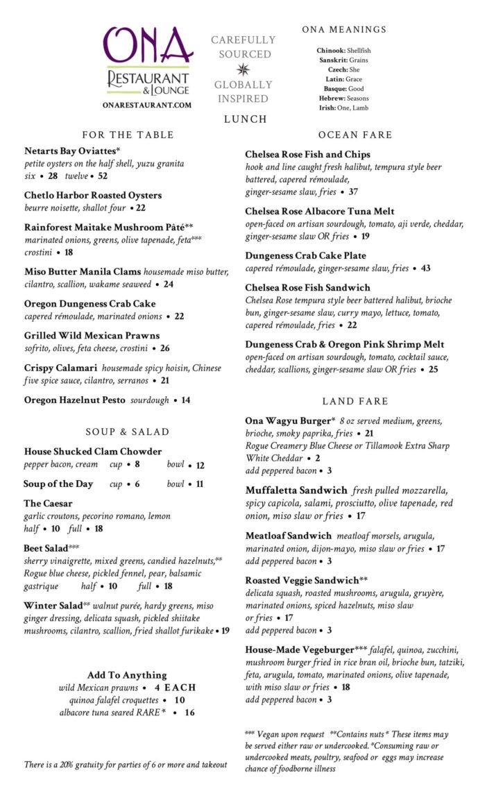 Sample Lunch Menu from Ona Restaurant, Yachats, OR